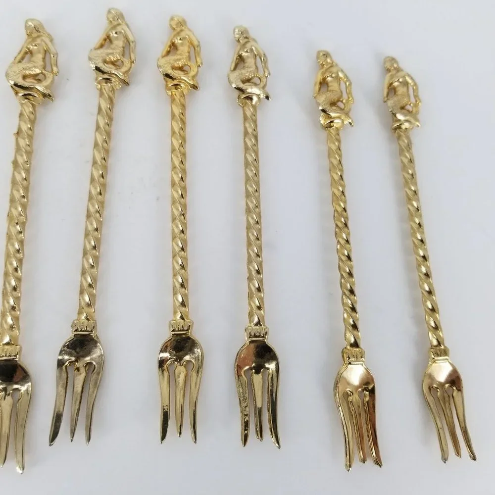 Mermaid Shrimp Crab Olive Fork Cocktail Gold Plated Serving Party Lot of 9 Food